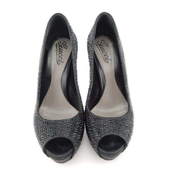 GUCCI Black Crystal Encrusted Open Toe Pumps 36.5 - Picture 3 of 10